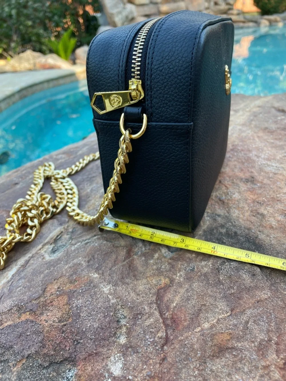Black Leather Crossbody with Gold Chain and Tassel Accent by Avorigen (CdlG)